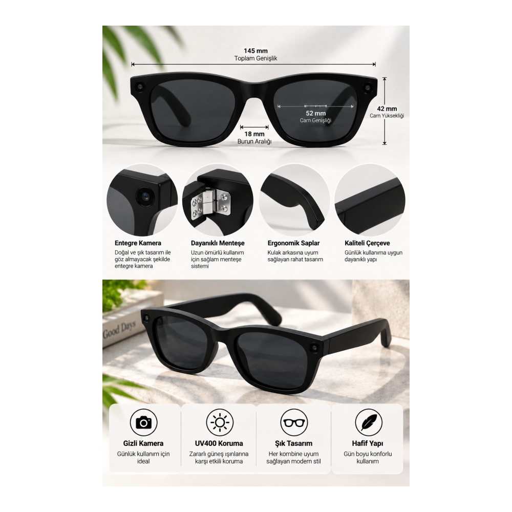 Kameralı Akıllı Güneş Gözlüğü Smart Glasses Anı Kaydetme