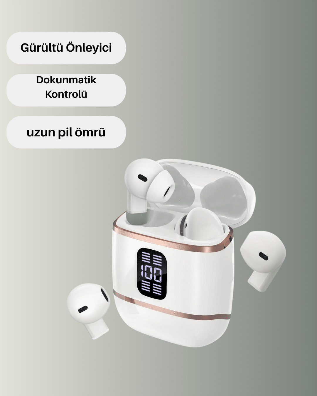 Bluetooth 5.3 Kulaklık – 4 Adet, Çift Kulaklıklı, Dijital Göstergeli, ANC + ENC