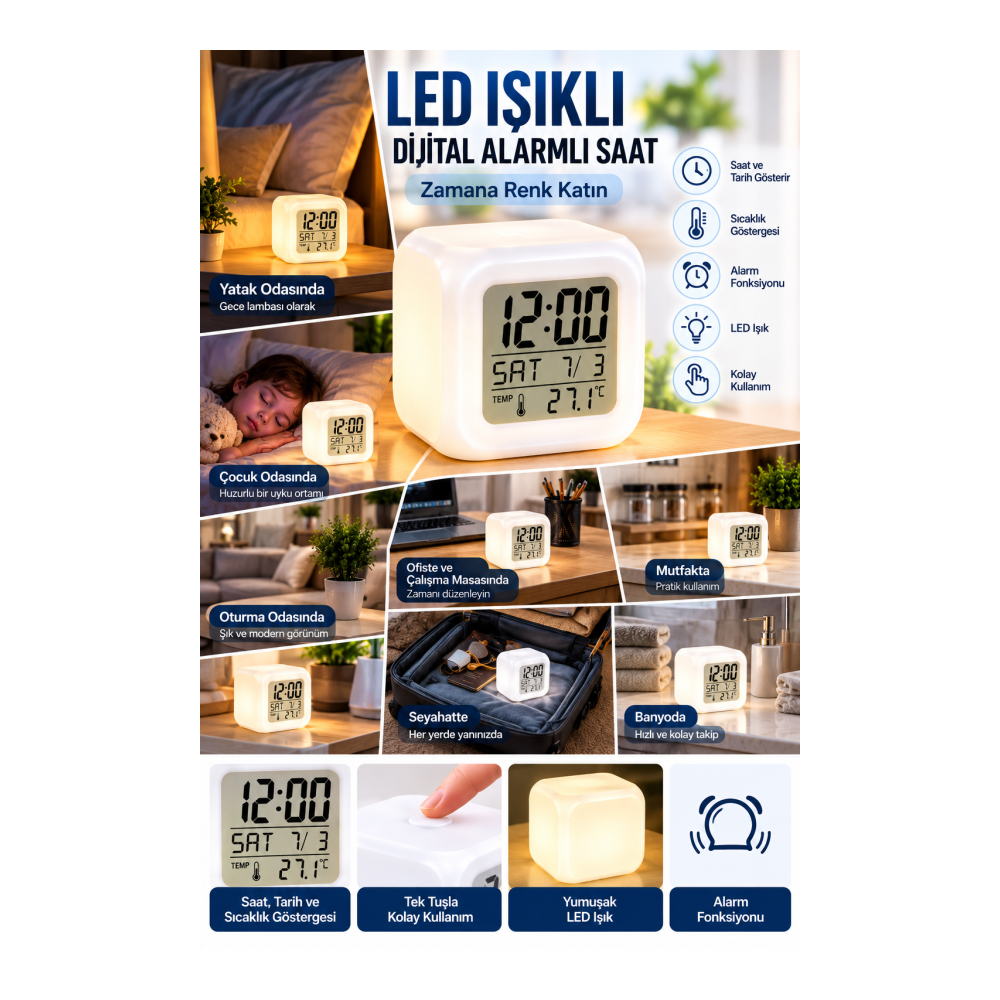 Dekoratif Küp Saat LED Işıklı Dijital Saat Alarm ve Sıcaklık Özellikli