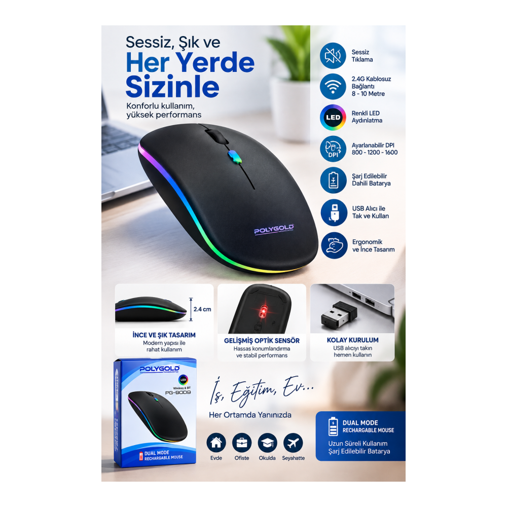 Ofis Ev Okul Kullanımına Uygun Şarjlı Kablosuz Mouse