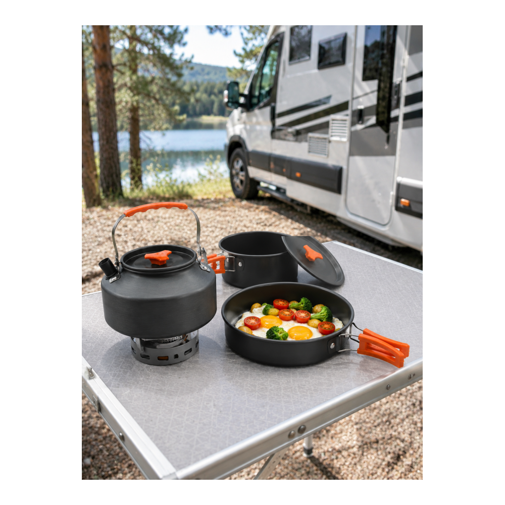 Kompakt Kamp Yemek Seti Alüminyum Tencere Tava Çaydanlık Taşıma Fileli Outdoor Set