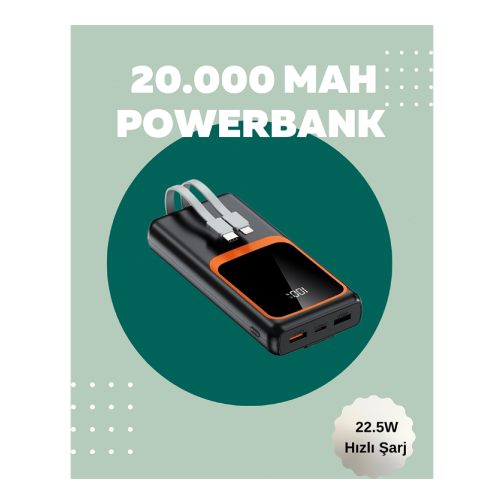 Dijital Ekranlı 20.000 mAh Powerbank | 22.5W Hızlı Şarj + Çoklu Bağlantı Seçeneği Yeni Nesil