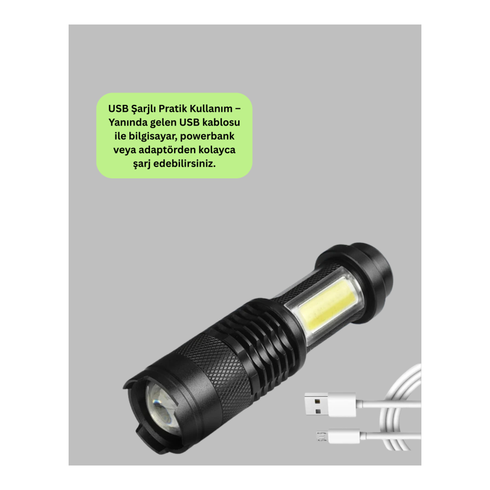 4 Modlu USB Şarjlı LED El Feneri Kamp ve Outdoor