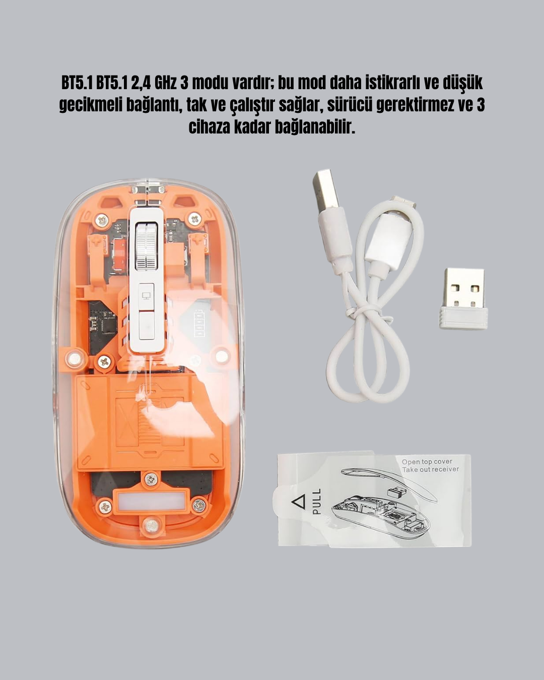 Sessiz ve Ergonomik Kablosuz Fare - 30 Gün Kullanım, 2 Modlu Bağlantı
