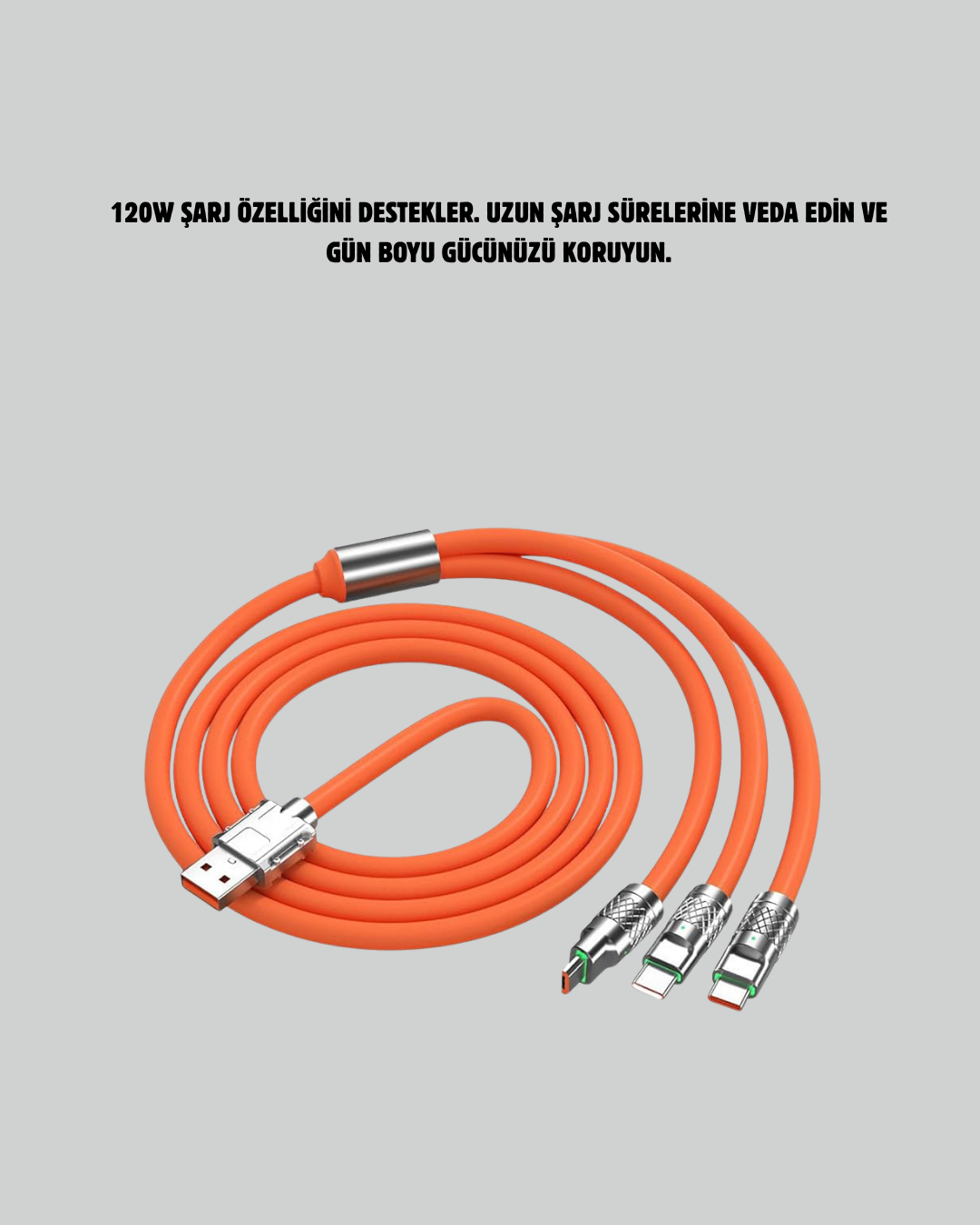 120 W Şarj ve Veri Aktarımı Kablo– 3 Başlıklı Çok Amaçlı Kablo Yüksek Hızlı