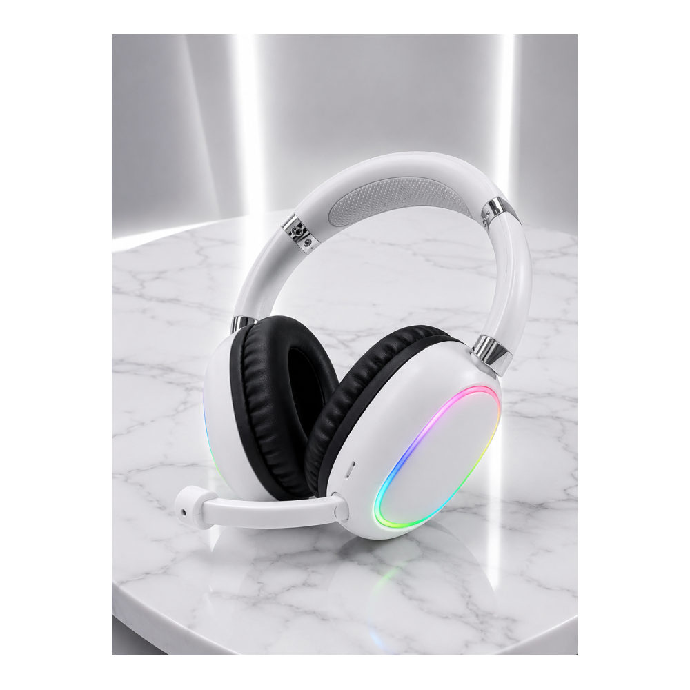 RGB Işıklı Mikrofonlu Bluetooth Kulaklık Beyaz Over-Ear Tasarım Type-C Şarjlı