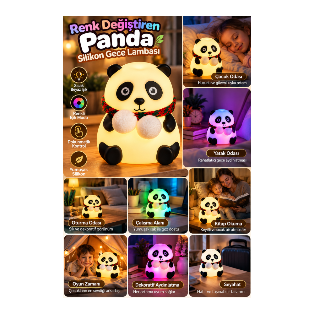 Yatak Odası Çocuk Odası İçin Renk Değiştiren Panda Silikon Gece Lambası