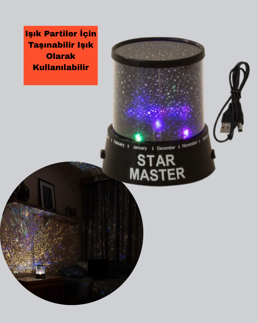 Galaxy Efektli LED Projektör Taşınabilir Yıldız Gece Lambası