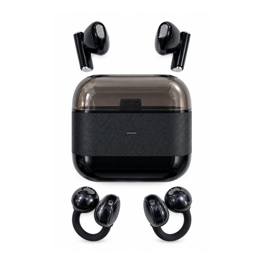 4 Kulaklıklı Kablosuz Bluetooth Kulaklık Klipsli ve Kulak İçi Kullanım 2’si 1 Arada Hi Fi Yüksek Ses Kalitesi Dokunmatik Kontrol Şarj Kutusu Siyah