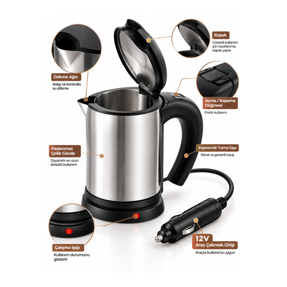 Araç İçi Kullanıma Uygun 12V Elektrikli Su Isıtıcı Paslanmaz Çelik Gövdeli Pratik Kettle