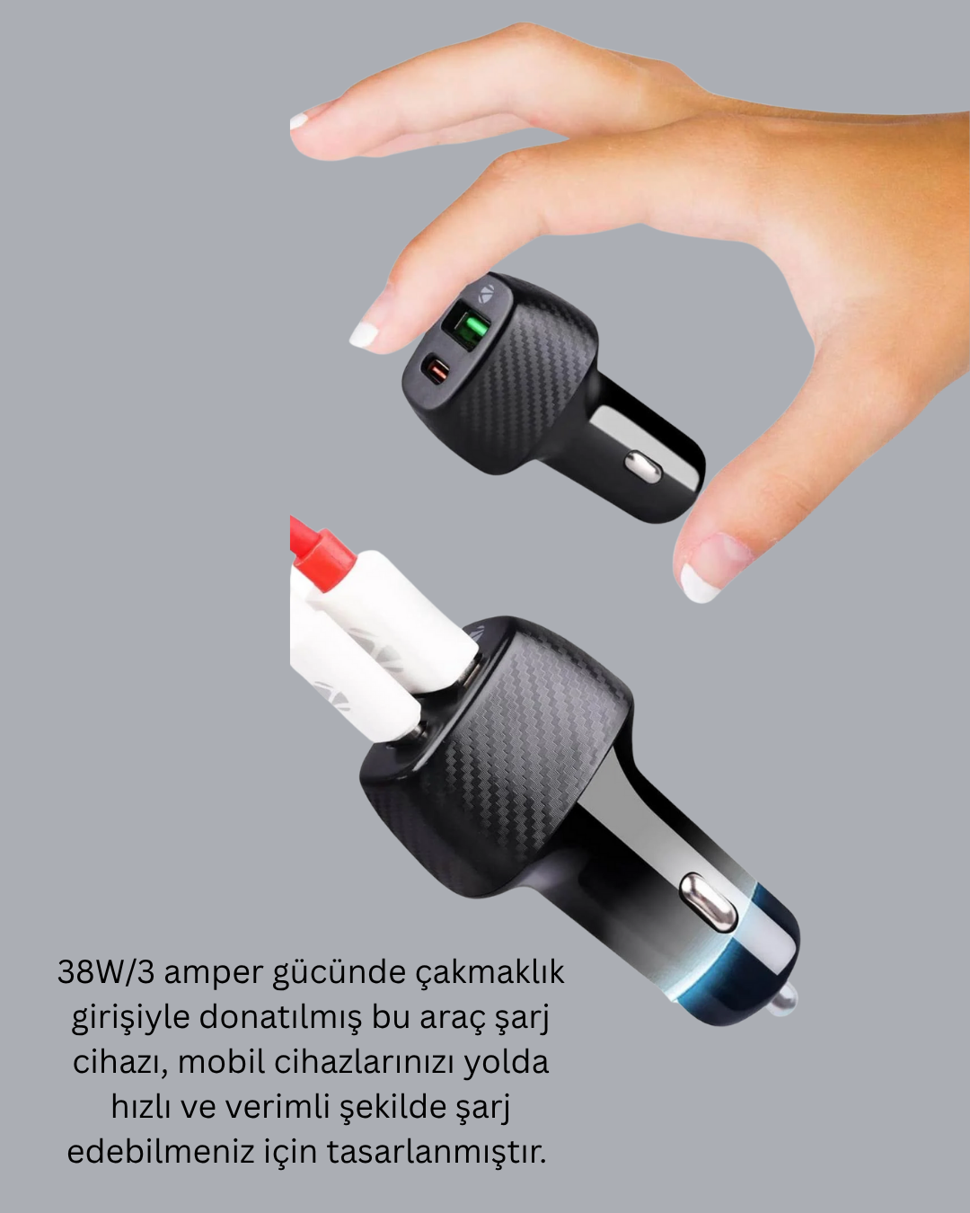 38W Çift Çıkışlı Araç Şarj Cihazı – Type-C ve USB PD Destekli