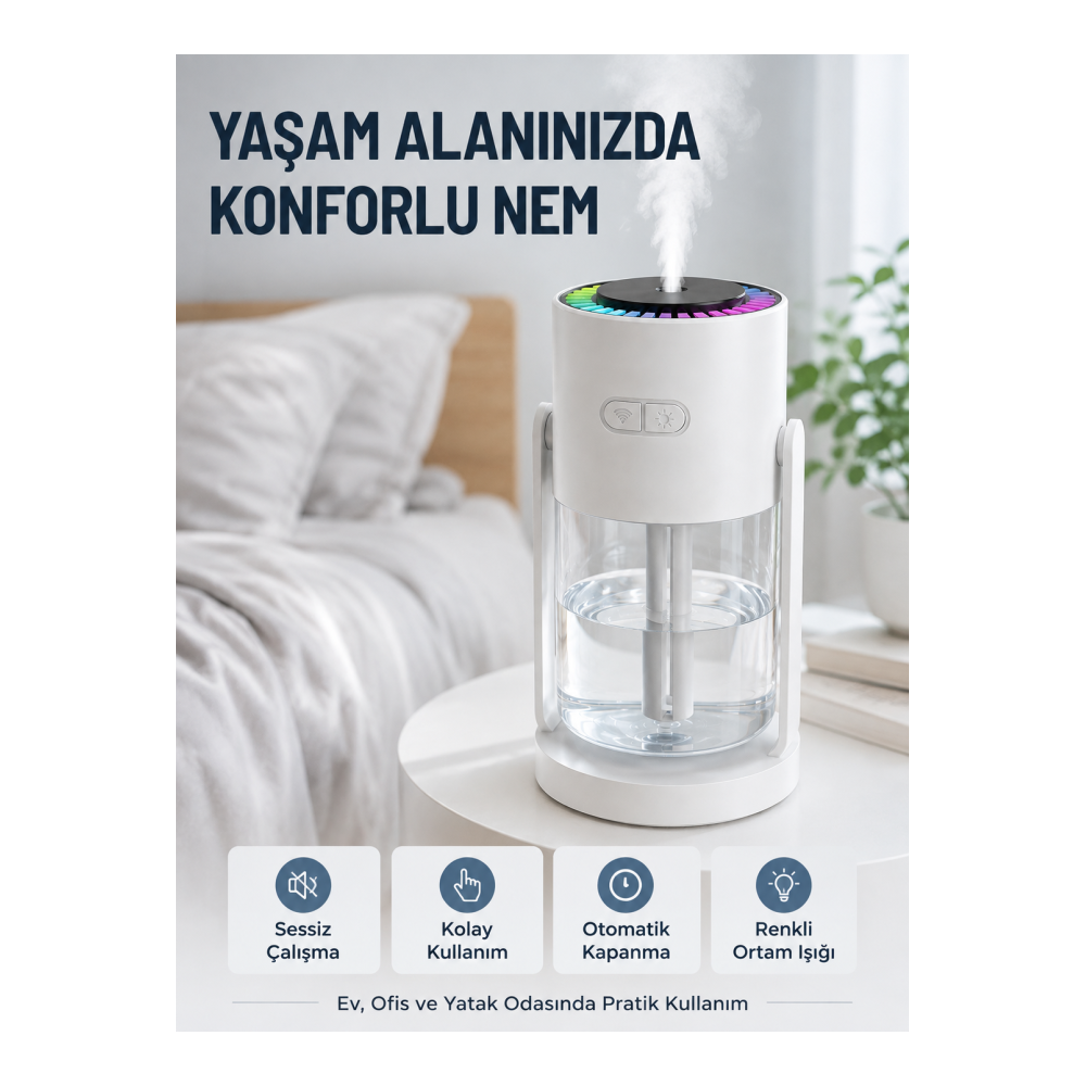 LED Işıklı Hava Nemlendirme Cihazı Şeffaf Su Hazneli Sessiz Masaüstü Nemlendirici