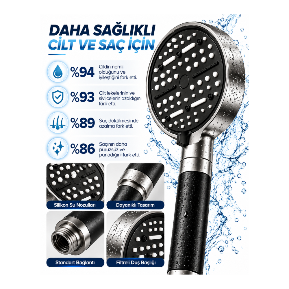 Filtreli 6 Sprey Modlu Duş Başlığı Büyük Panel Siyah Metalik Çok Fonksiyonlu