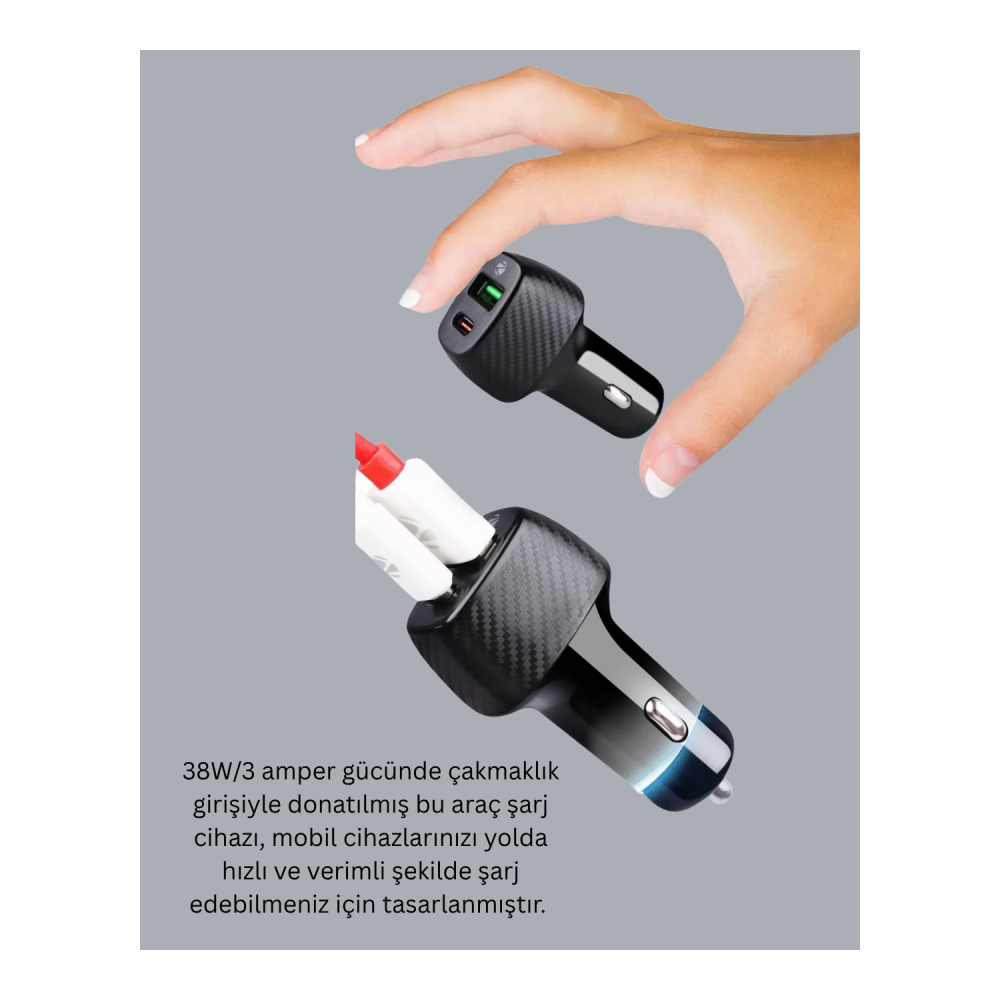 Kompakt Tasarımlı Type-C + USB Girişli Araç Şarj Başlığı