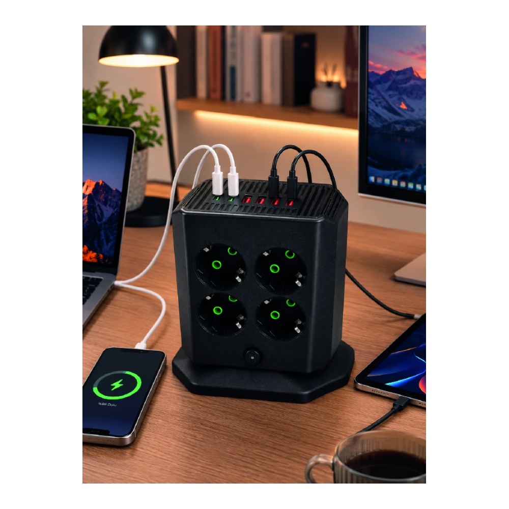 Akım Korumalı 8'li Dikey Priz 4 USB 2 Type-C Hızlı Şarj Destekli Çoklu Priz