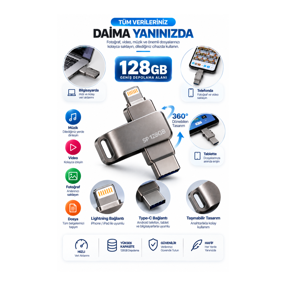 Lightning Type C Destekli 128GB Taşınabilir USB Flash Bellek Fotoğraf Video ve Dosya Aktarımı