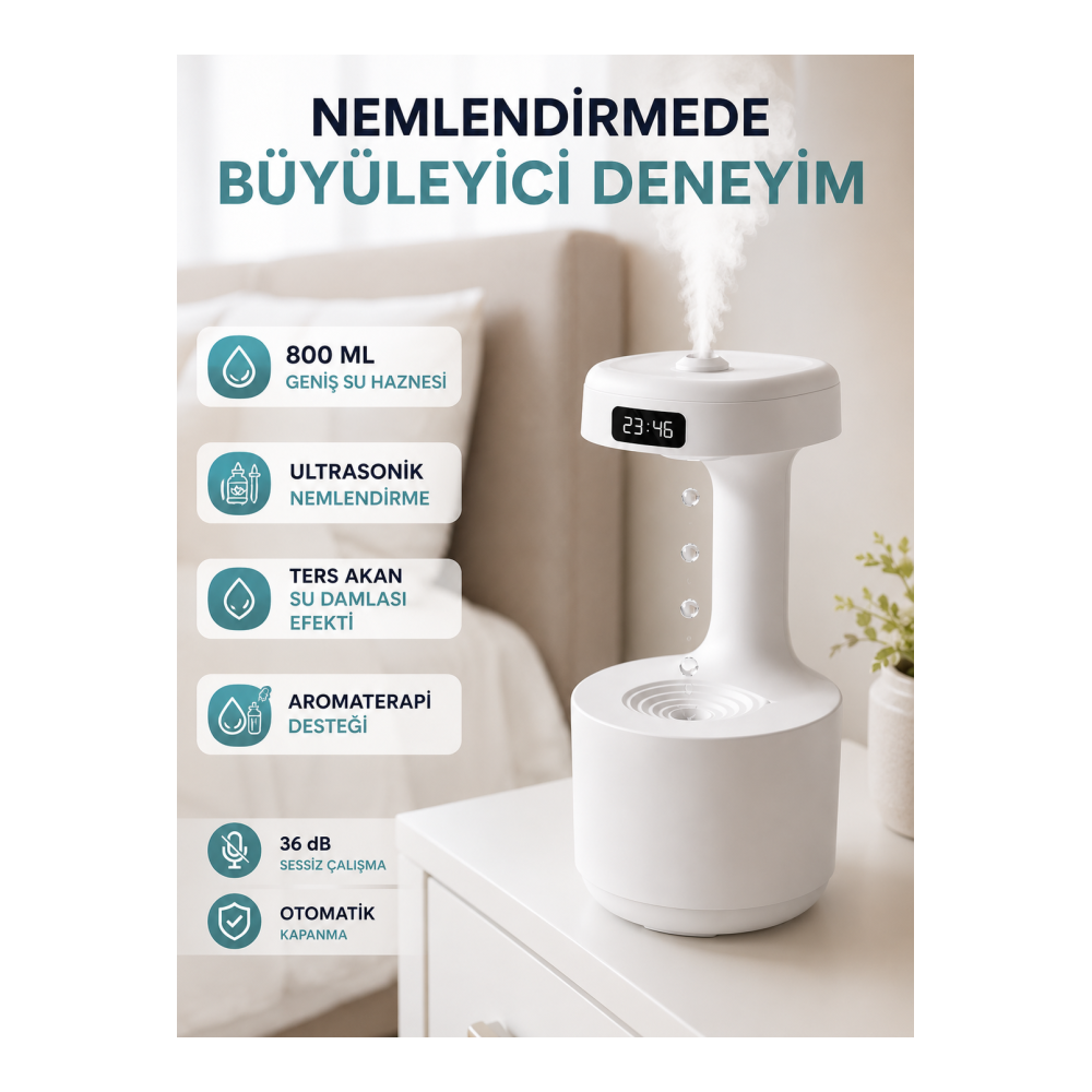 Dekoratif Hava Nemlendirici 800 ml Sessiz Aroma Difüzör Anti Yerçekimi Su Efektli