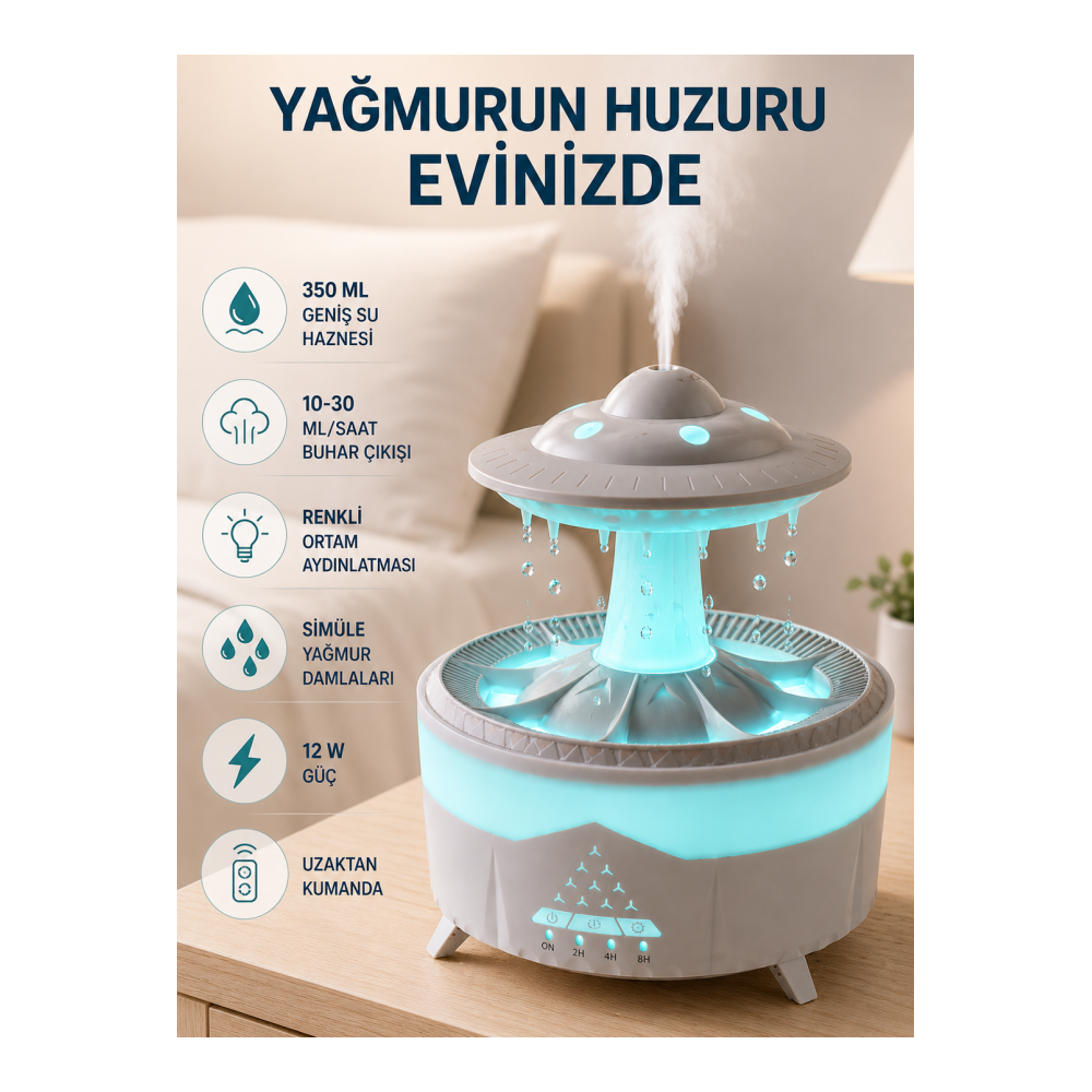 Dekoratif UFO Hava Nemlendirici Simüle Yağmur Damlalı Renkli Gece Işıklı 350 ML