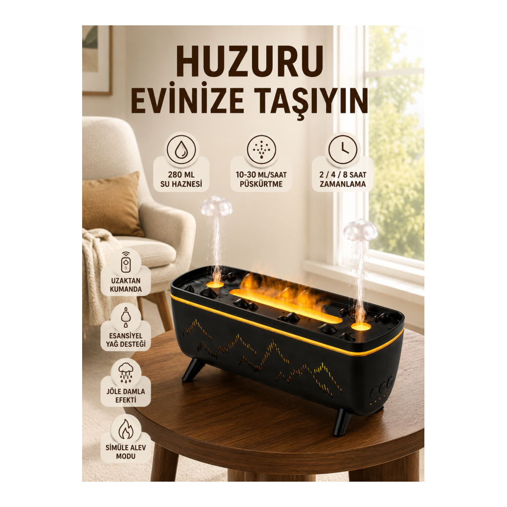 Siyah Aroma Difüzörü Jöle Damla Efektli Hava Nemlendirici Uzaktan Kumandalı LED Işıklı