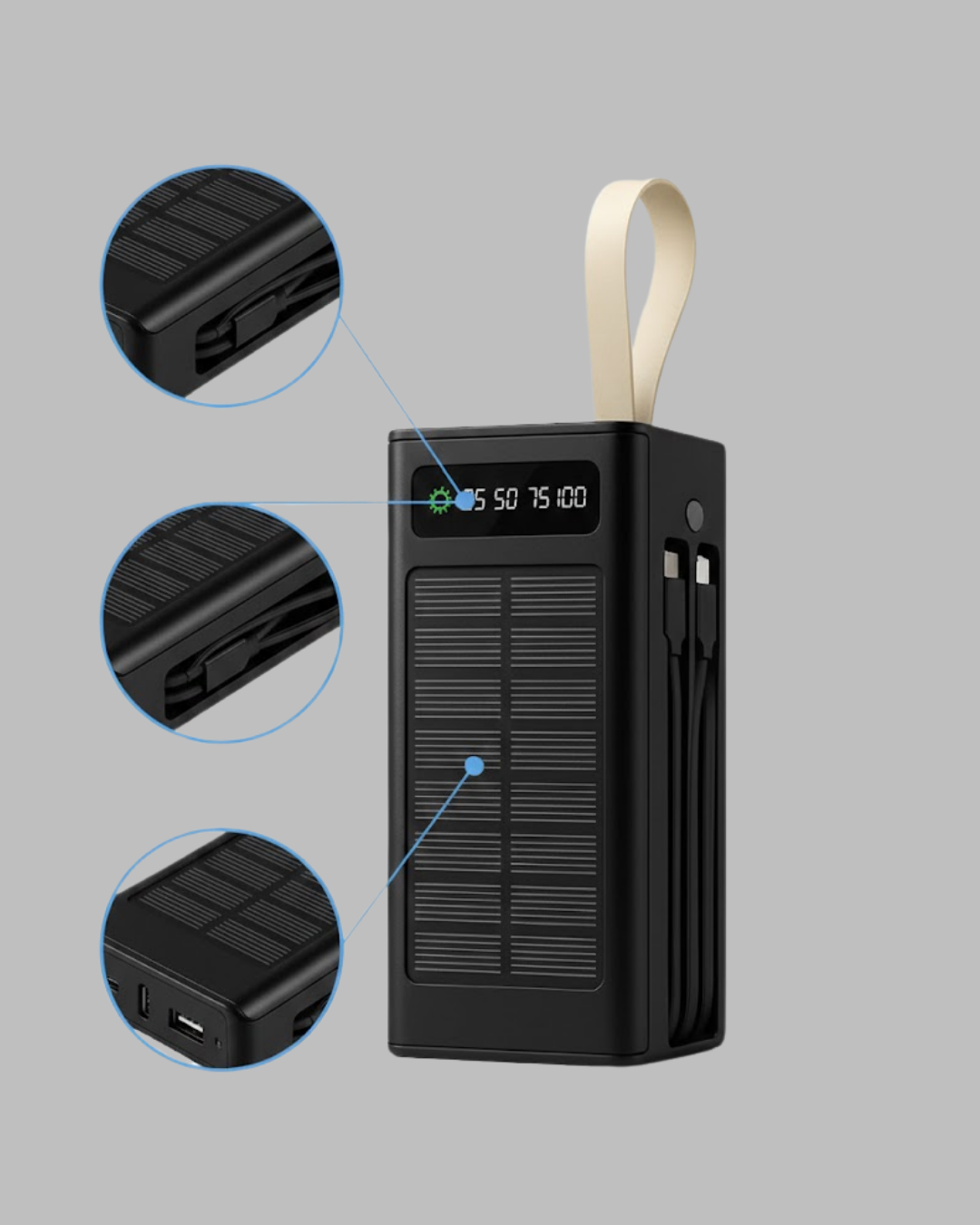 LED Aydınlatmalı Güneş Panelli Powerbank Seyahat ve Kamp İçin