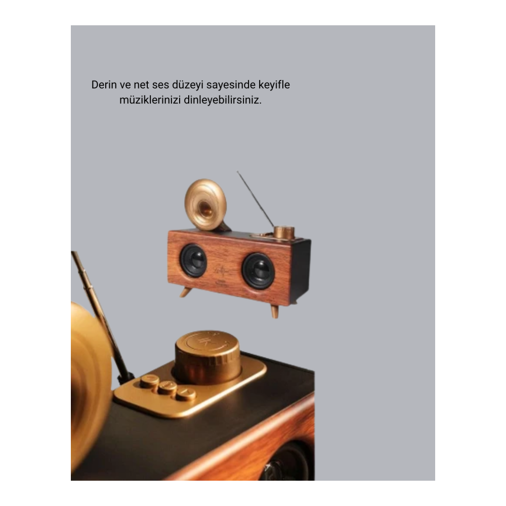 Gramafon Tasarımlı Bluetooth Hoparlör 3D Ses Teknolojili Çok Fonksiyonlu