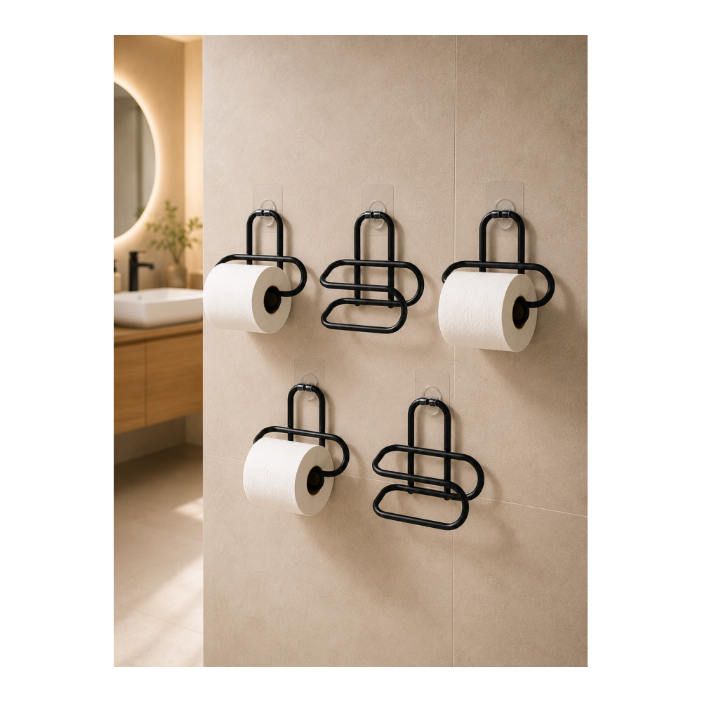 Siyah Metal Tuvalet Kağıdı Tutucu 5’li Set Yapışkanlı Duvar Tipi Banyo WC Askısı