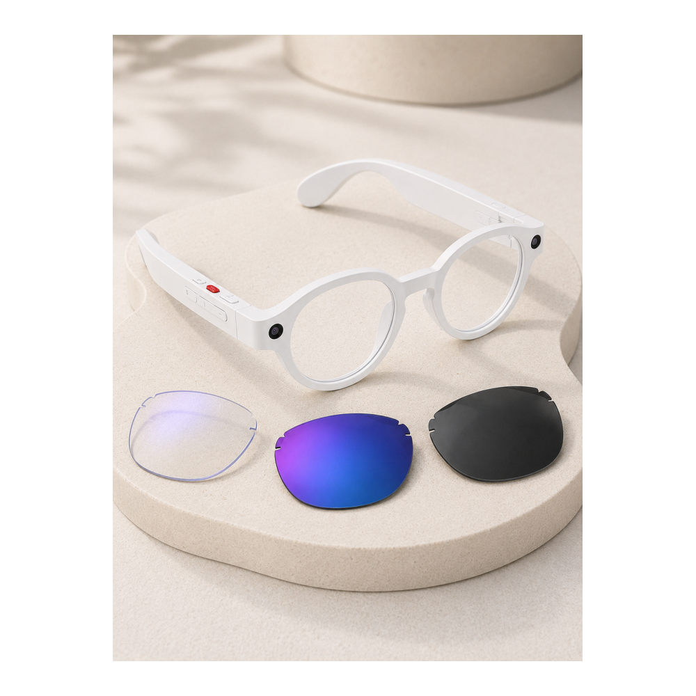 Beyaz 3 Lensli Akıllı Kamera Gözlüğü Yapay Zeka Sesli Asistan Görüntü Tanıma Bluetooth Görüşme ve Müzik Özellikli