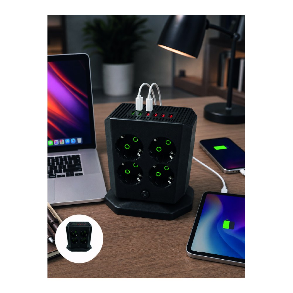 Dikey Priz Kulesi 8 AC Priz 4 USB 2 Type-C Çocuk Korumalı Güç Dağıtıcı