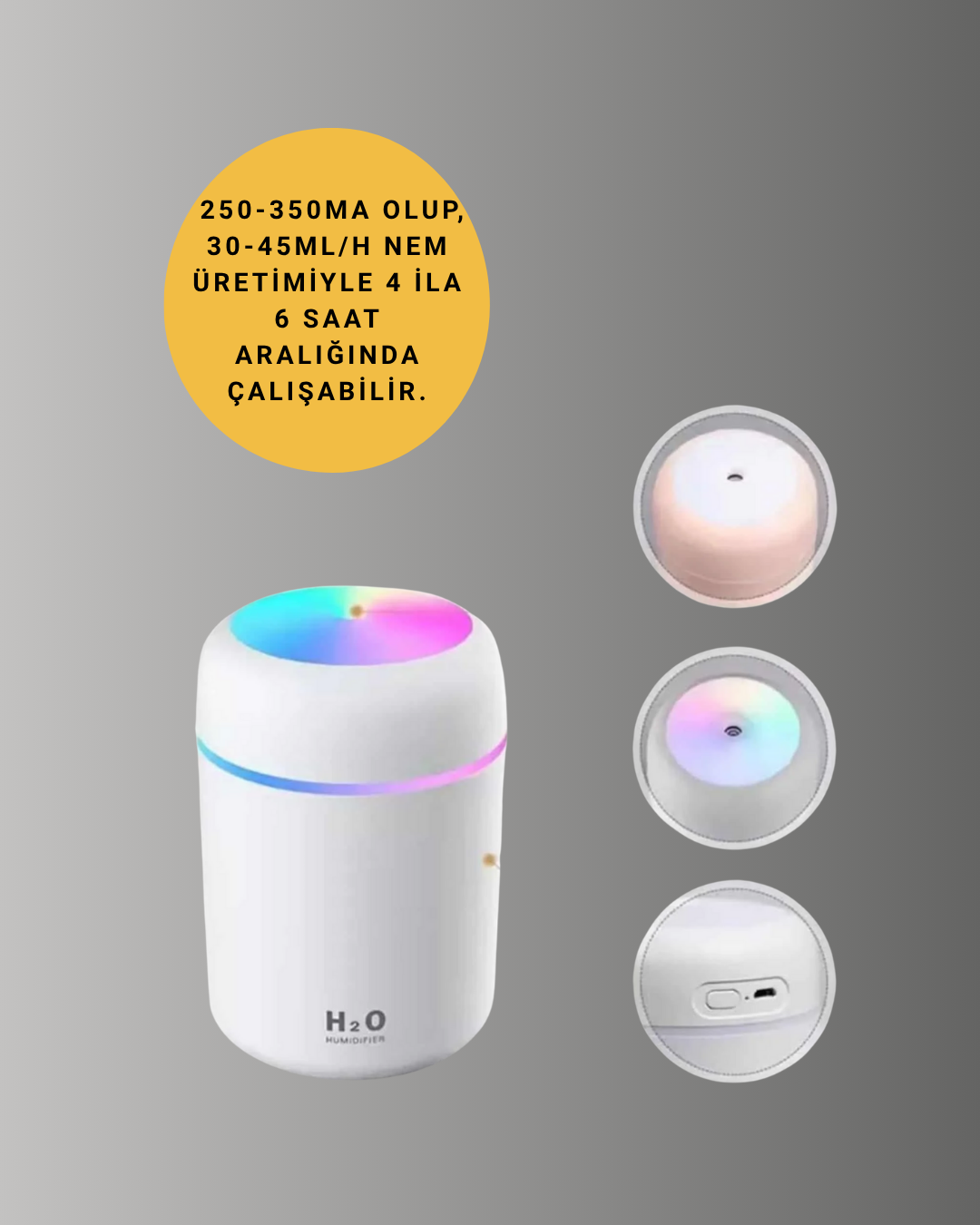 LED Işıklı Sessiz Masaüstü Nemlendirici – 3 Buhar Modu