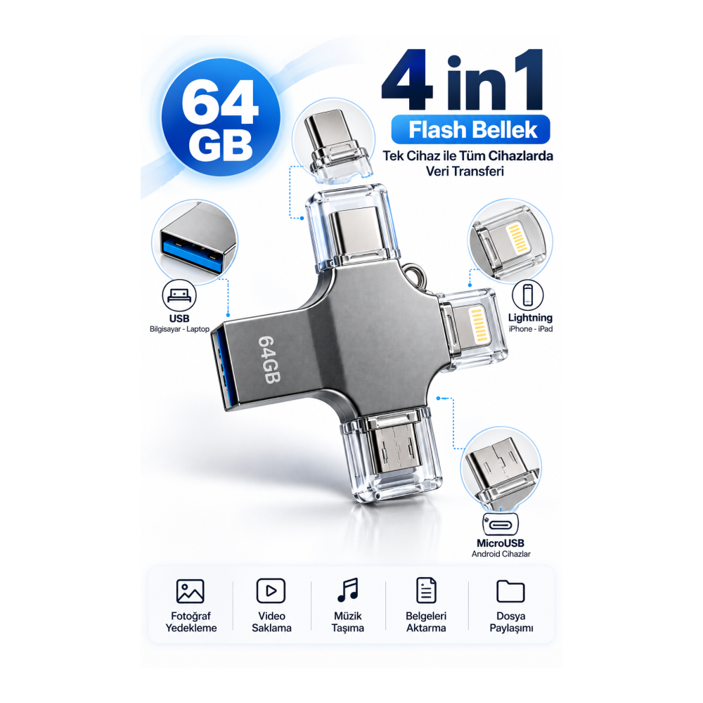 Kompakt ve Taşınabilir Tasarıma Sahip 64GB Lightning Type C USB MicroUSB Çoklu Kullanımlı Flash Bellek