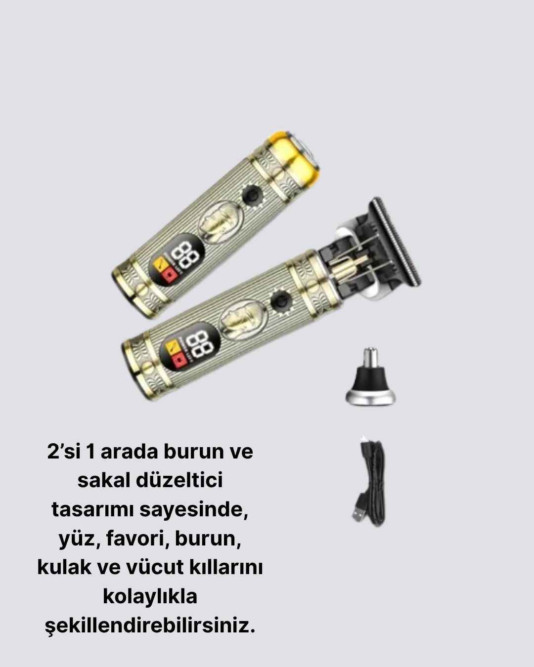 T Bıçaklı Şarjlı Saç Kesme ve Sakal Düzeltici – Burun Trimmerlı 2’si 1 Arada Set