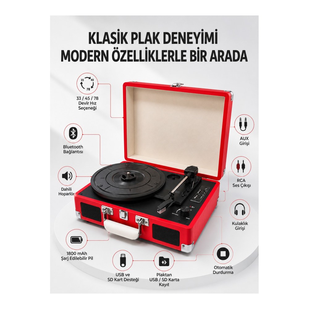 Taşınabilir Bavul Tipi Pikap Bluetooth Özellikli Dahili Hoparlörlü USB ve SD Kart Destekli Kırmızı