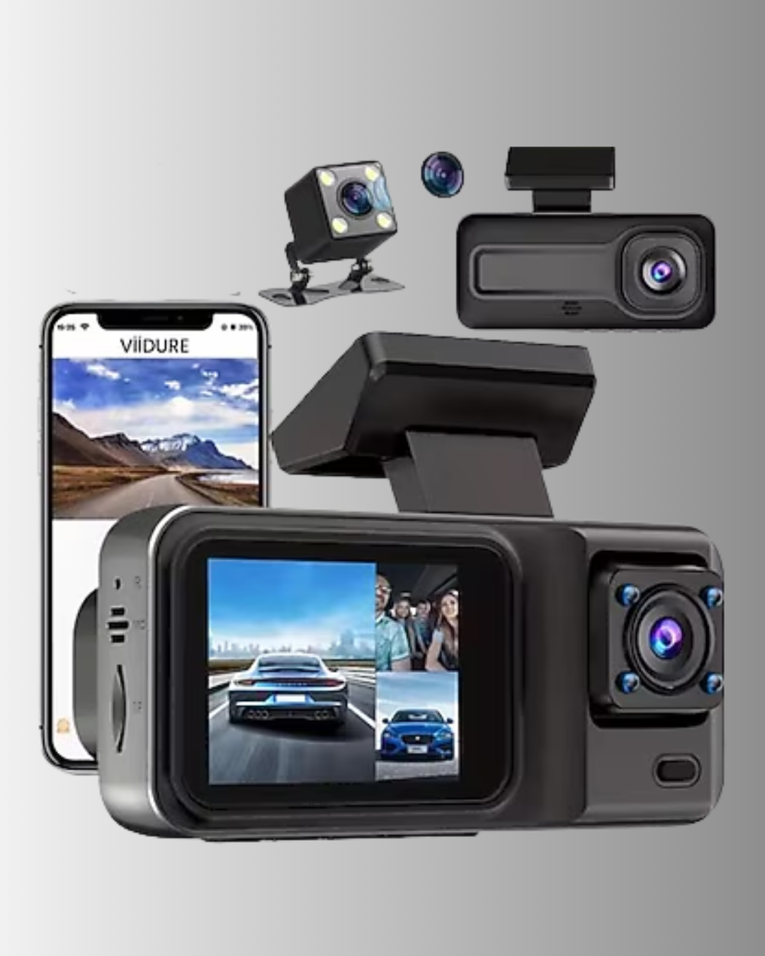 3 Kameralı Araç İçi Kayıt Cihazı 1080P Full HD Gece Görüşlü ve Wi-Fi Bağlantılı
