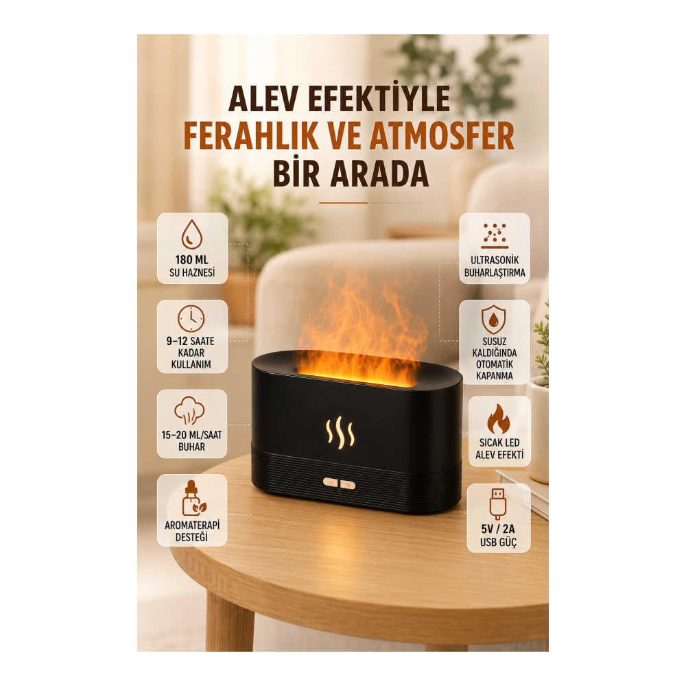 Alev Efektli Aroma Difüzörü Uçucu Yağ Destekli USB Hava Nemlendirici