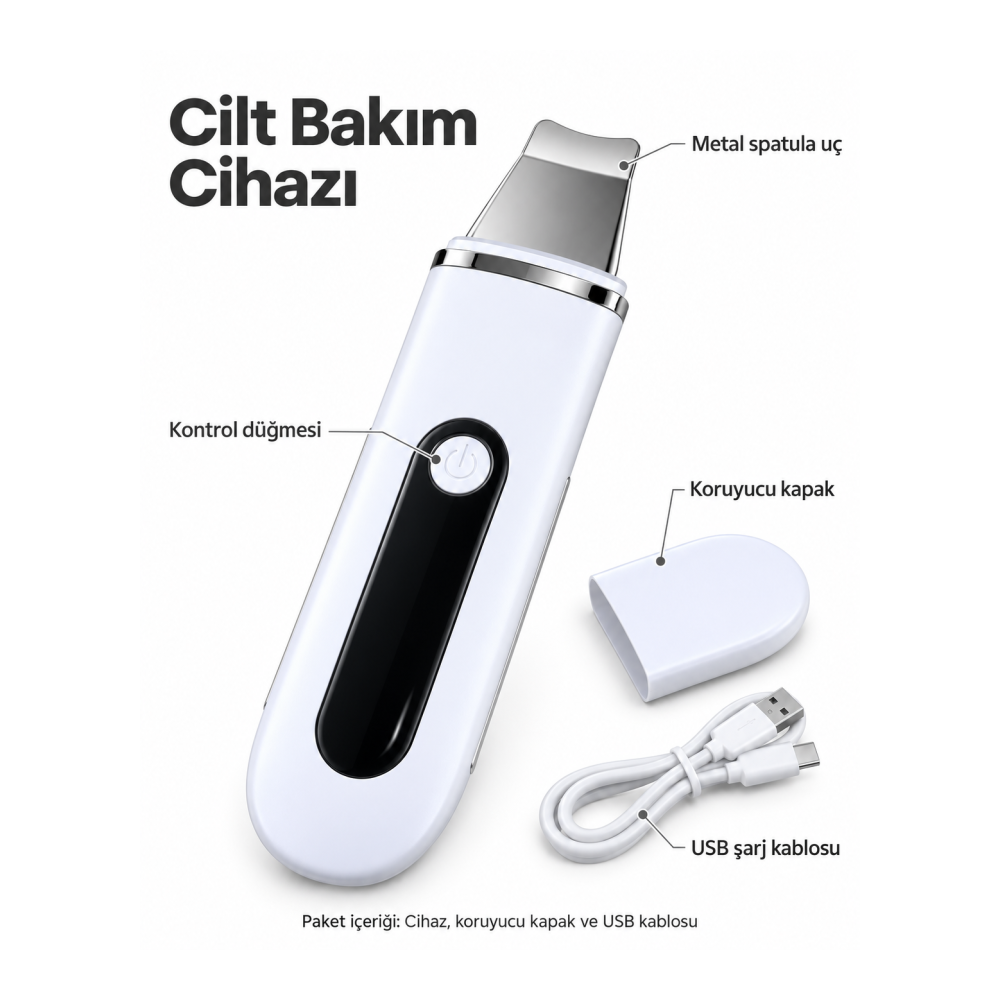 USB Şarjlı Metal Spatula Uçlu Beyaz Yüz ve Cilt Bakım Cihazı