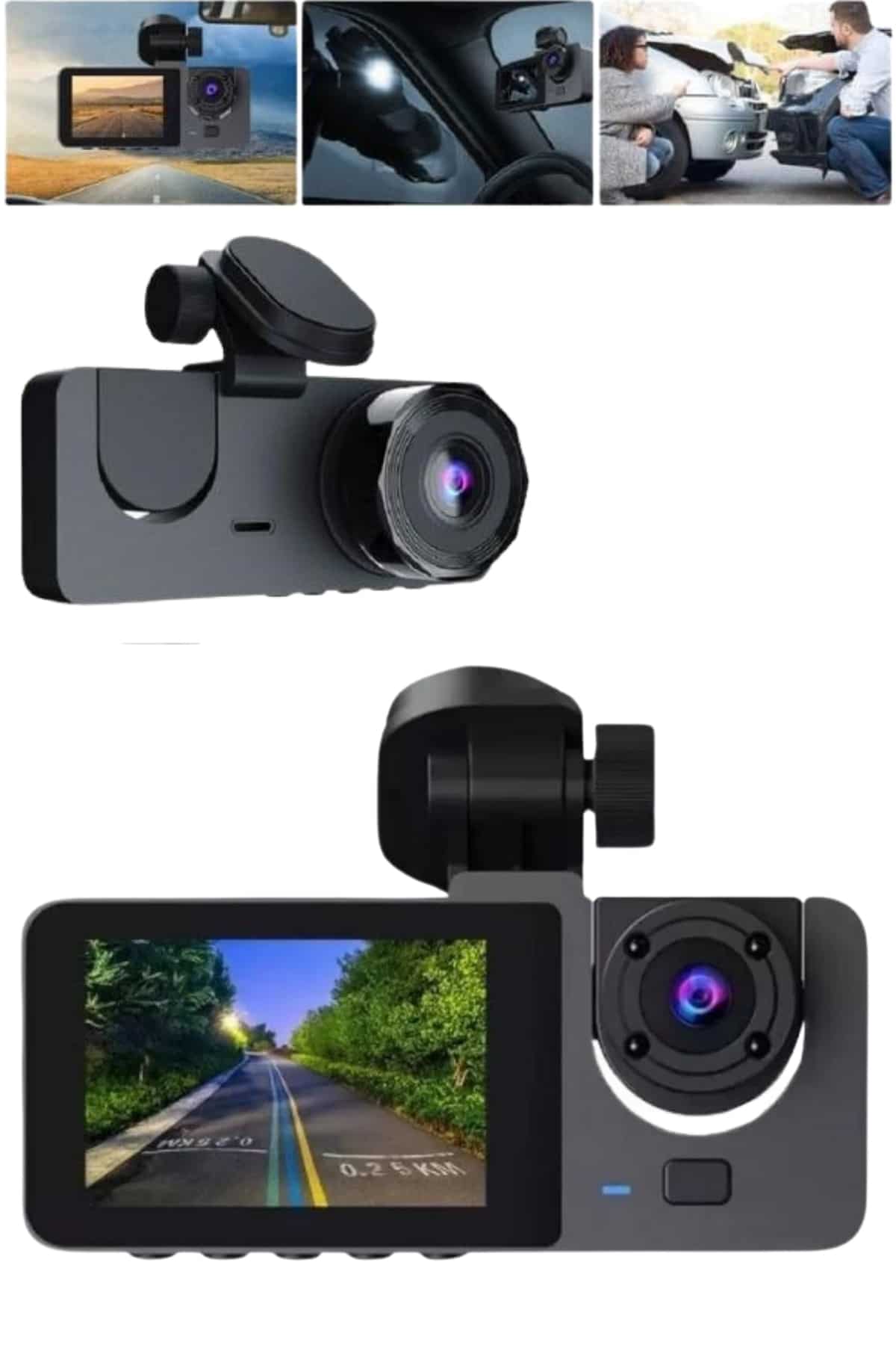 Araç İçi Dikiz Kamerası Sürüş Kaydedici 3 Lensli DVR Kamera