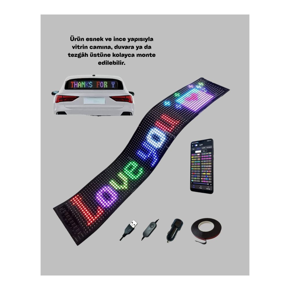 USB Girişli RGB LED Tabela Ayarlanabilir Parlaklık ve Kayan Yazı Özellikli