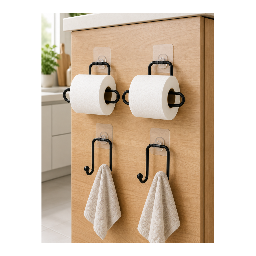 Yapışkanlı Banyo Düzenleme Seti 2 Rulo Tutucu 2 Havlu Askılığı 4 Parça