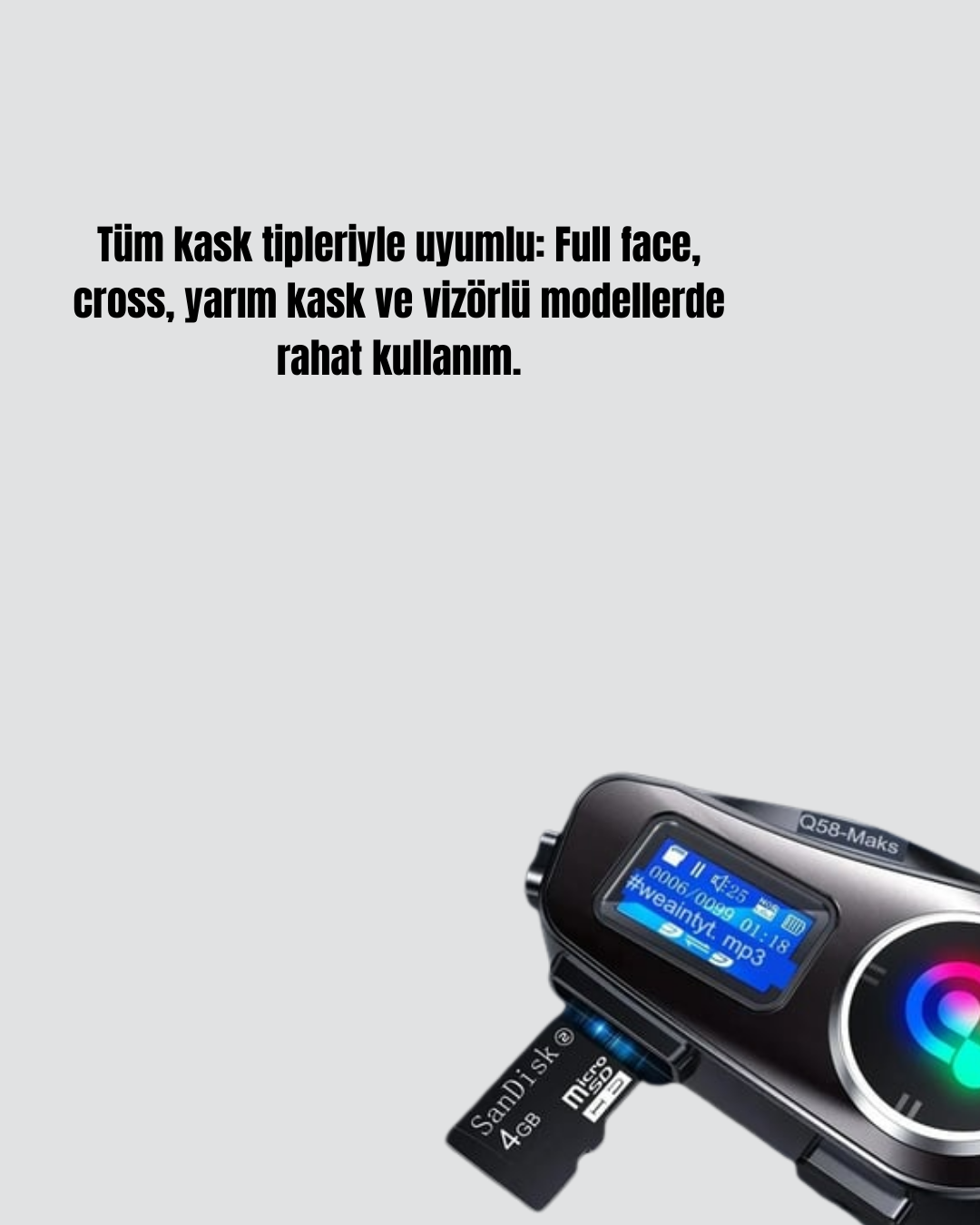 LCD Ekranlı Bluetooth Kask Kulaklığı FM Radyo ve SD Kart Girişli