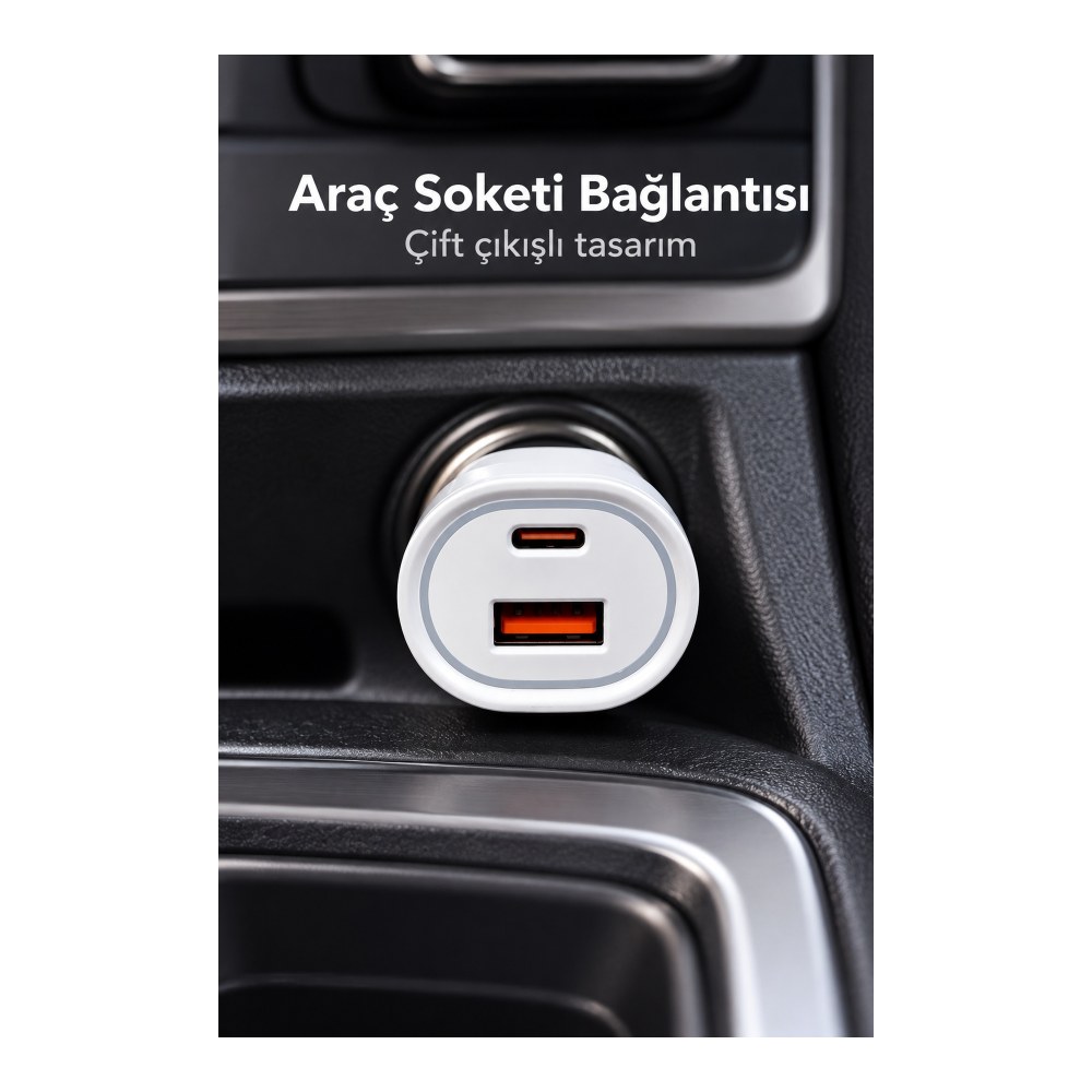Çift Portlu Beyaz Oto Şarj Adaptörü
