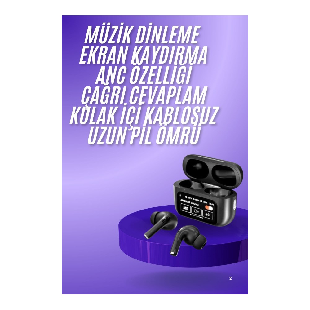 Yeni Nesil ANC Özellikli Çağrı Cevaplayan Dokunmatik Ekranlı Bluetooth Kulaklık Siyah Yeni Nesil