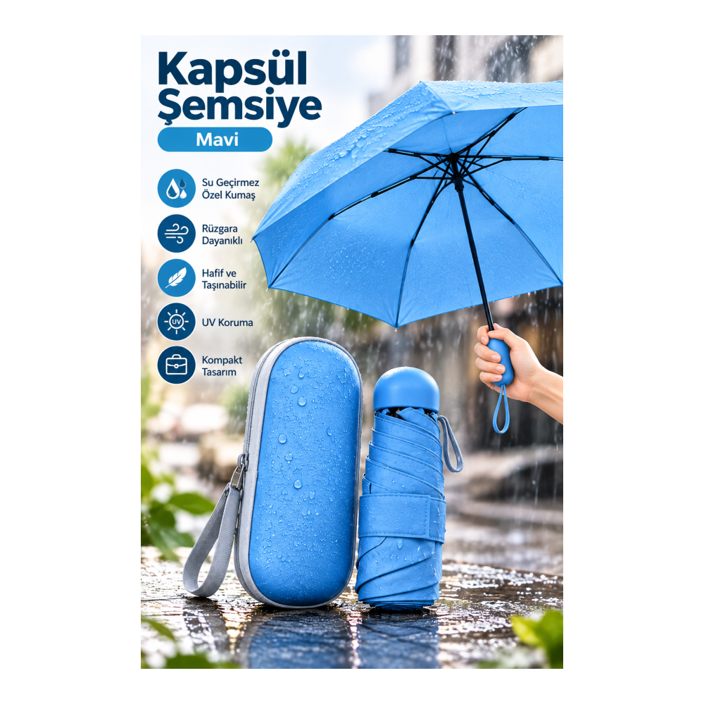Özel Kumaş Yapısıyla Yağmurlu Günlerde Kullanım İçin Mavi Kapsül Şemsiye