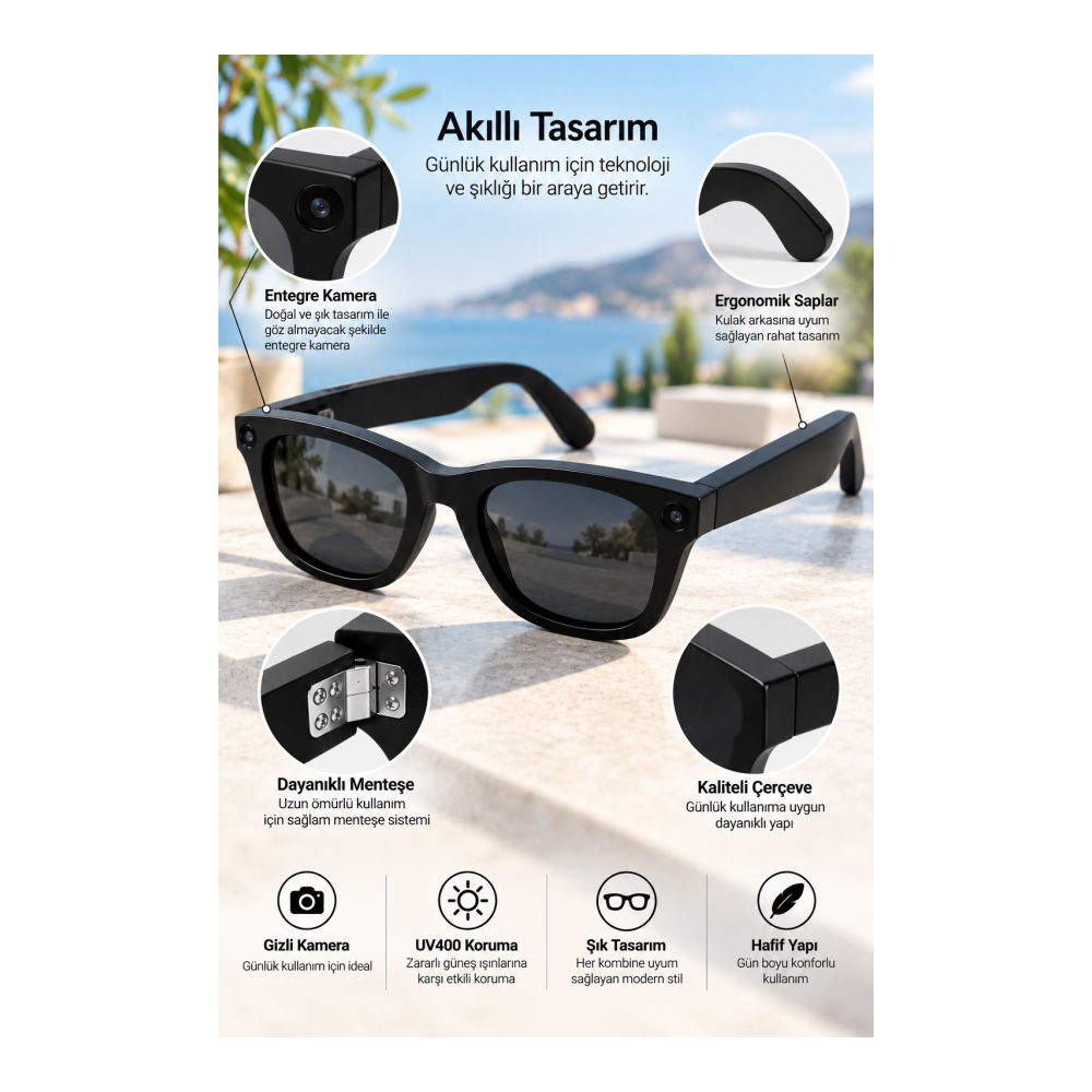 Kameralı Akıllı Gözlük Smart Glasses Güneş Gözlüğü Modern Siyah