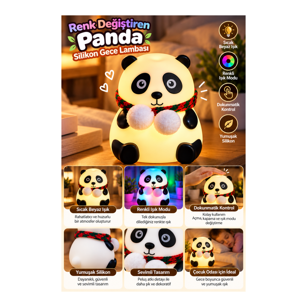Renkli Işık Modlu Silikon Panda Gece Lambası Dokunmatik Kontrollü Sevimli Dekoratif