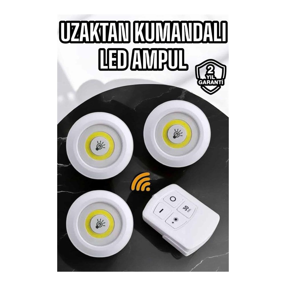 Spot Lamba Led Işık 3'lü Uzaktan Kumandalı Pilli Yapışkanlı Kablosuz Yeni Nesil