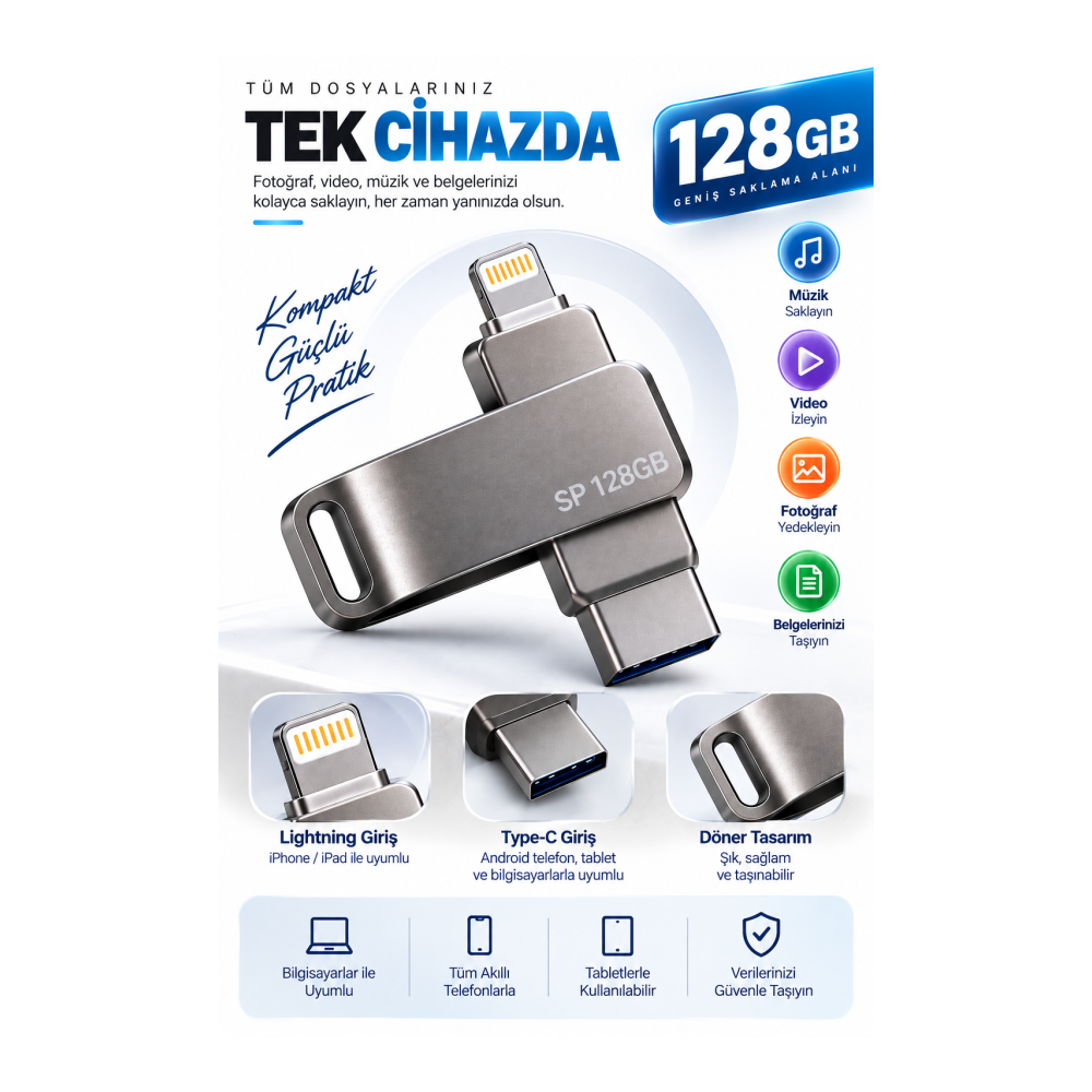 Çoklu Girişli 128GB Lightning Type C USB Flash Bellek Telefon Tablet ve Bilgisayar Uyumlu