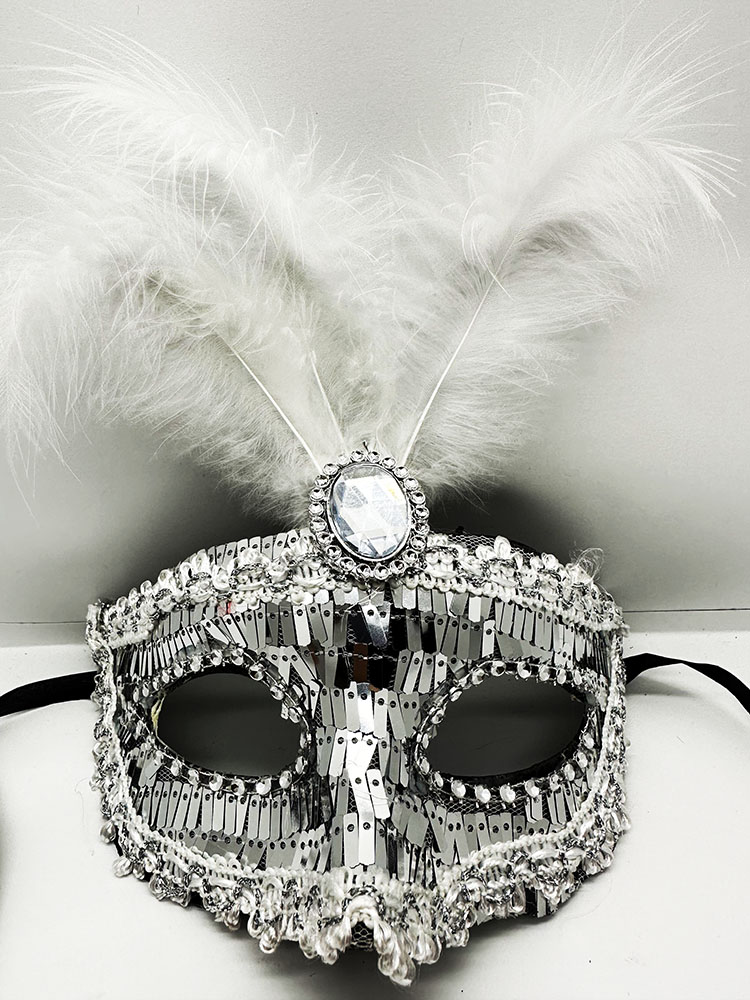 Silver Color Sequined Sequin Feather Party Mask 17x20 cm
