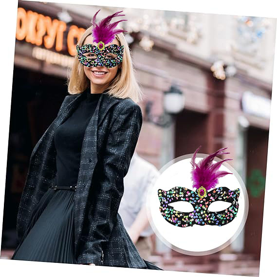 Black Velvet Over Color Sequined Sequin Pink Fur Pink Stone Party Mask 19x21 cm